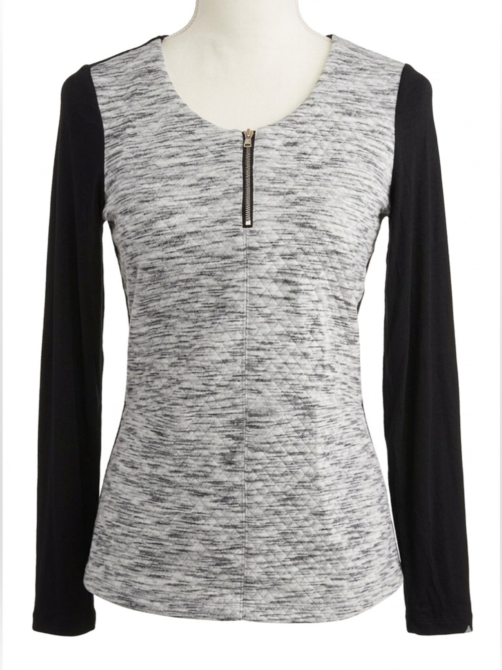Patrizia Luca Quilted Mixed Media Zip Top Grey Black S